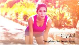  Presentation with finish line - PPT layouts enhanced with finish line group run - tired beautiful woman taking break background and a coral colored foreground