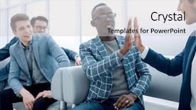  Presentation with giving - Colorful presentation enhanced with finish line work - business colleagues giving each other backdrop and a light gray colored foreground