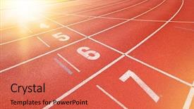  Presentation with race track - Amazing PPT theme having finish point of running track backdrop and a red colored foreground