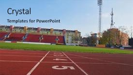  Presentation with running treadmill - Slide set having finish running race - red athletic track treadmill background and a light blue colored foreground