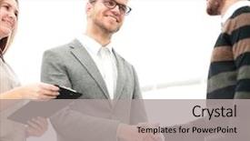  Presentation with business partner people joining hand - Presentation design consisting of finish strong - business people shaking hands finishing background and a  colored foreground