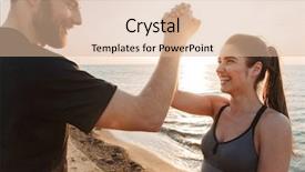  Presentation with giving - PPT theme with finish strong - cheerful young couple giving high background and a coral colored foreground