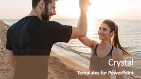  Presentation with young happy couple - PPT theme featuring finish strong - happy young couple giving high background and a coral colored foreground