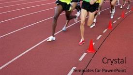  Presentation with finish strong - Amazing PPT theme having finish strong - running athletes at the stadium backdrop and a violet colored foreground