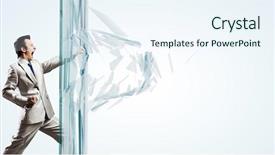  Presentation with breaking free - Presentation theme with finish strong - young determined businessman breaking glass background and a sky blue colored foreground