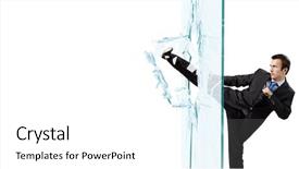  Presentation with breaking free - Slide deck having finish strong - young determined businessman breaking glass background and a  colored foreground