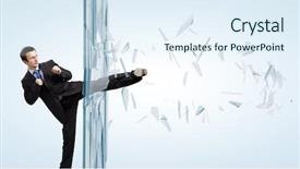  Presentation with glass - Beautiful theme featuring finish strong - young determined businessman breaking glass backdrop and a sky blue colored foreground