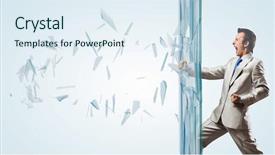  Presentation with glass ceiling shattered - Beautiful theme featuring finish strong - young determined businessman breaking glass backdrop and a sky blue colored foreground