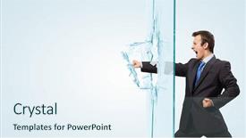  Presentation with aluminum sliding glass doors - Presentation theme having finish strong - young determined businessman breaking glass background and a  colored foreground