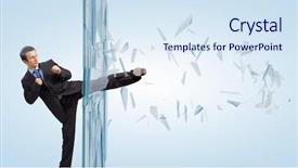  Presentation with glass - Presentation theme consisting of finish strong - young determined businessman breaking glass background and a  colored foreground
