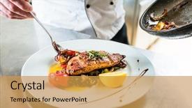  Presentation with restaurant kitchen - Theme with finishing food in his restaurant background and a gold colored foreground