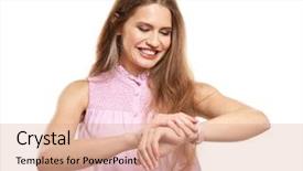  Presentation with apple watch s4 - Colorful theme enhanced with finishing task - beautiful manager looking at her backdrop and a  colored foreground