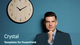  Presentation with clock - Slide set with finishing task - handsome manager near wall background and a  colored foreground
