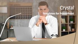  Presentation with task - Amazing slide set having finishing task - handsome manager sitting at workplace backdrop and a  colored foreground