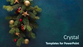  Presentation with dark blue green - PPT theme enhanced with fir-branch-with-christmas-decoration background and a ocean colored foreground
