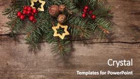  Presentation with decoration - Slide deck enhanced with fir branch with christmas decoration on old wooden plank background and a tawny brown colored foreground
