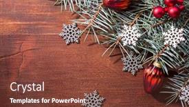  Presentation with silver snowflakes - Audience pleasing presentation design consisting of fir-branches-red-baubles backdrop and a tawny brown colored foreground