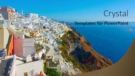  Presentation with santorini - PPT theme featuring fira-in-santorini-island-greece background and a teal colored foreground