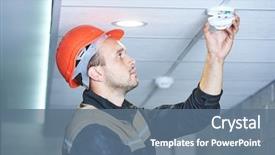  Presentation with detector - Amazing PPT theme having fire - worker installing smoke detector backdrop and a ocean colored foreground