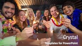  Presentation with fun and smile - Amazing slide set having fire crackers - portrait of smiling friends having backdrop and a  colored foreground