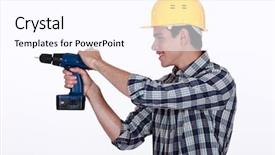  Presentation with fire drill - PPT theme featuring fire drill - tradesman holding a power tool background and a white colored foreground