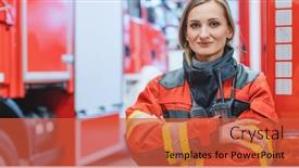  Presentation with fire truck - Theme featuring fire-fighter-woman-standing background and a red colored foreground