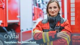  Presentation with fire truck - Cool new slides with fire-fighter-woman-standing backdrop and a ocean colored foreground