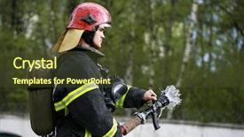  Presentation with fire fighting - Cool new slides with fire fighting suit spraying water backdrop and a tawny brown colored foreground