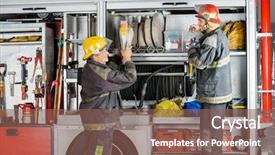 Presentation with firefighters - PPT layouts consisting of smiling firefighters working at truck background and a violet colored foreground