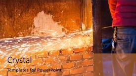  Presentation with welder worker welding and cutting - Slide set consisting of fire instalation - worker cutting steel board using background and a gold colored foreground