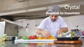  Presentation with chef - Slide deck featuring fire instructor - handsome chef dressed in white background and a  colored foreground