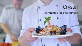  Presentation with chef - Slide deck consisting of fire instructor - handsome chef dressed in white background and a  colored foreground