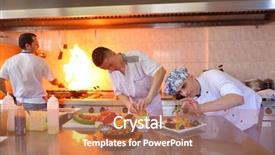  Presentation with chef - Presentation theme enhanced with fire instructor - handsome chef dressed in white background and a coral colored foreground