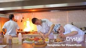  Presentation with chef - Cool new presentation theme with fire instructor - handsome chef dressed in white backdrop and a coral colored foreground
