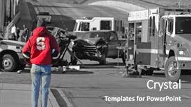  Presentation with pedestrian - Slide set enhanced with fire investigation - pedestrian investigating a car wreck background and a gray colored foreground