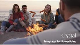  Presentation with grilling - Colorful PPT theme enhanced with group of young friends sitting by the fire late at night grilling sausages and drinking beer talking and having fun backdrop and a gray colored foreground