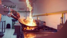  Presentation with cooking chef - Colorful PPT layouts enhanced with fire service - chef cooking and doing flambe backdrop and a violet colored foreground