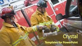  Presentation with firefighters - Beautiful presentation theme featuring fire service - firefighters cutting open a car backdrop and a tawny brown colored foreground