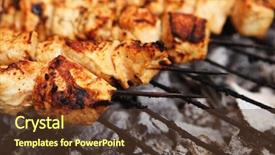  Presentation with charcoal - Slides with fresh hot grilled chicken shish kebab barbecue on grid over charcoal background and a tawny brown colored foreground