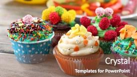 Presentation with birthday cake cupcake - Presentation theme enhanced with fire sprinkles - delicious birthday cupcakes on table background and a tawny brown colored foreground