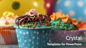  Presentation with sprinkles - PPT theme having fire sprinkles - delicious birthday cupcakes on table background and a ocean colored foreground