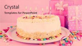  Presentation with happy birthday cake - Presentation theme enhanced with fire sprinkles - happy birthday cake and gifts background and a lemonade colored foreground