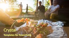  Presentation with grilling - Beautiful PPT theme featuring fire team - hand grilling food on skewers backdrop and a tawny brown colored foreground