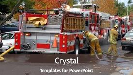  Presentation with fire truck - Amazing slides having fire truck - firefighters setting water supply backdrop and a violet colored foreground
