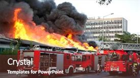  Presentation with fire truck - PPT theme enhanced with fire truck - flames over building background and a tawny brown colored foreground