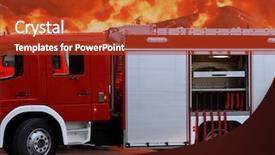  Presentation with fire truck - Presentation theme consisting of fire truck in city background and a crimson colored foreground