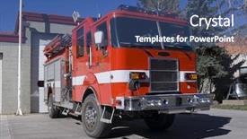  Presentation with fire truck - Presentation theme having firefighter ladder - fire truck parked background and a ocean colored foreground