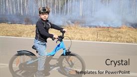  Presentation with bicycle - Beautiful presentation theme featuring fire video - little boy with the camera backdrop and a mint green colored foreground