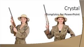  Presentation with firearm - PPT theme featuring firearm - woman wearing safari hat background and a white colored foreground