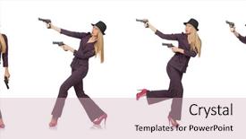  Presentation with gangster - Colorful presentation design enhanced with firearm - young woman gangster with gun backdrop and a soft green colored foreground